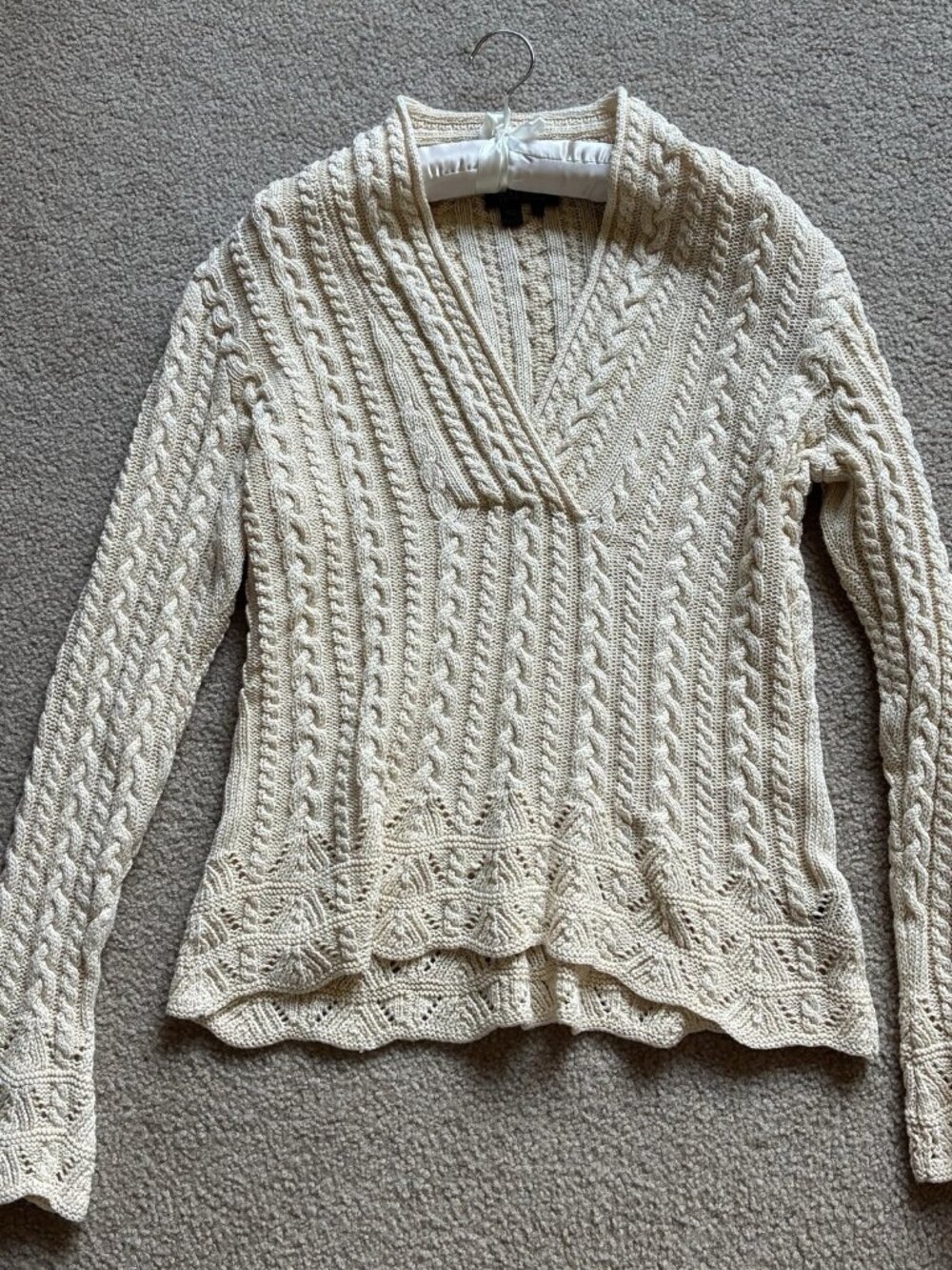 Lauren Ralph Lauren 100% Cotton Cable Knit Sweater XL Ivory V-Neck Bell Sleeve